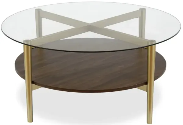 Glass And Steel Round Coffee Table With Shelf - Gold