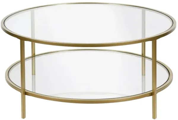 36" Glass And Steel Round Coffee Table With Shelf - Gold