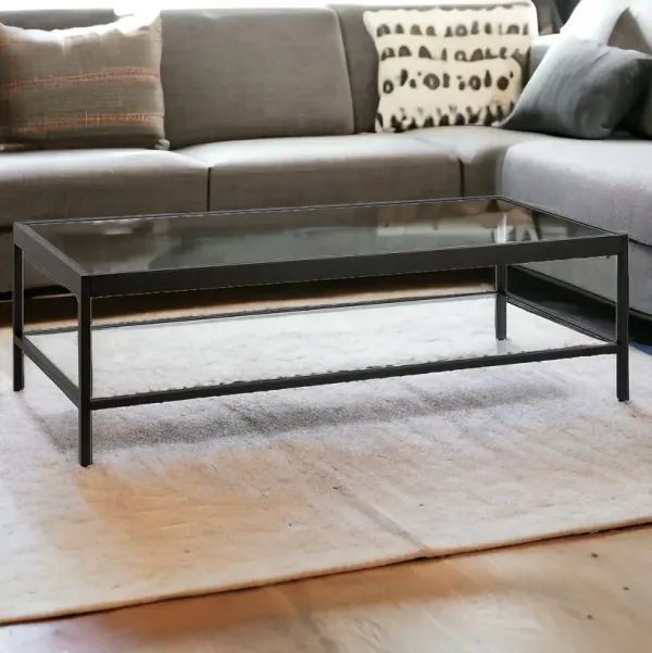 54" Glass And Steel Coffee Table With Shelf - Clear And Black