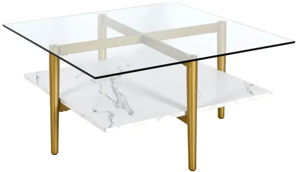 32" Glass And Steel Square Coffee Table With Shelf - White And Gold