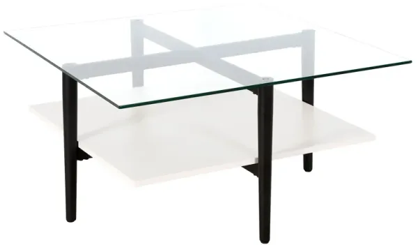 Glass And Steel Square Coffee Table With Shelf - White And Black