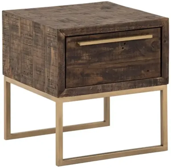Reclaimed Wood End Table With Drawer - Antiqued Brass And Brown