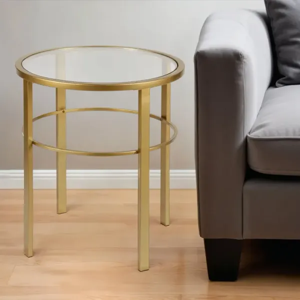 Glass And Steel Round End Table - Brass And Clear