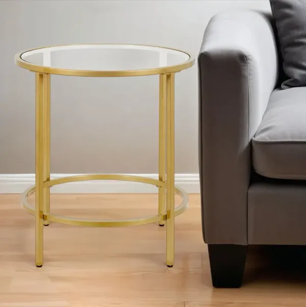 22" Glass And Steel Round End Table - Brass And Clear
