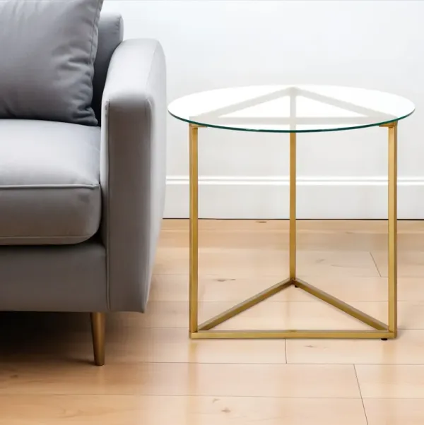 24" x 24" x 22" Glass And Steel Round End Table - Brass And Clear