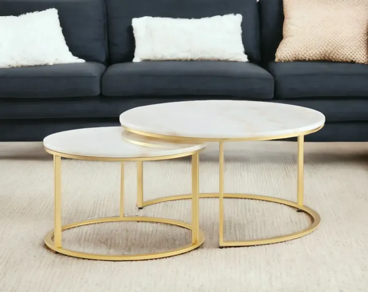 Genuine Marble And Iron Round Nested Coffee Tables (Set of 2) - White And Gold