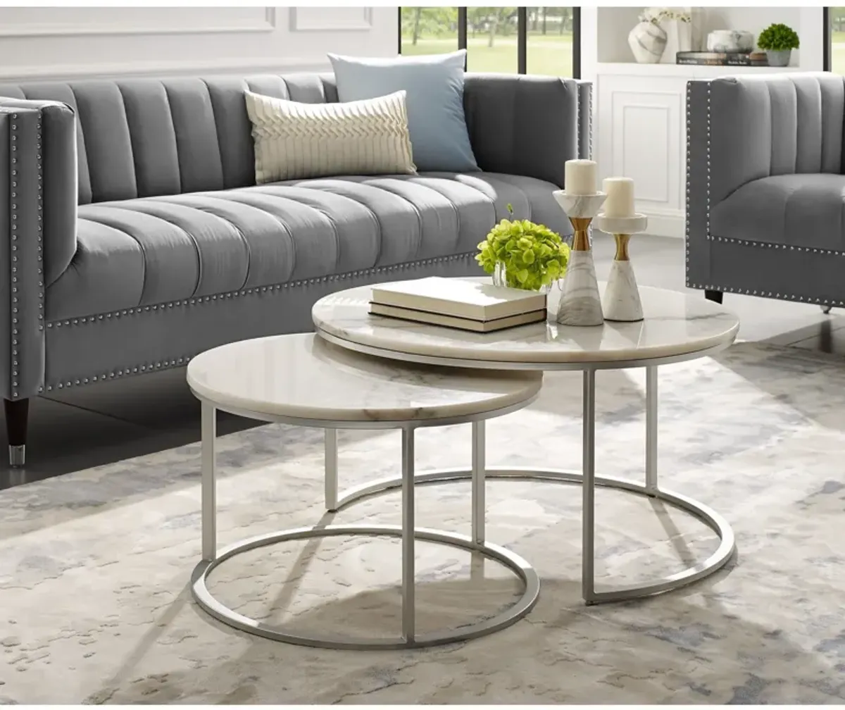 Genuine Marble And Iron Round Nested Coffee Tables (Set of 2) - White And Silver