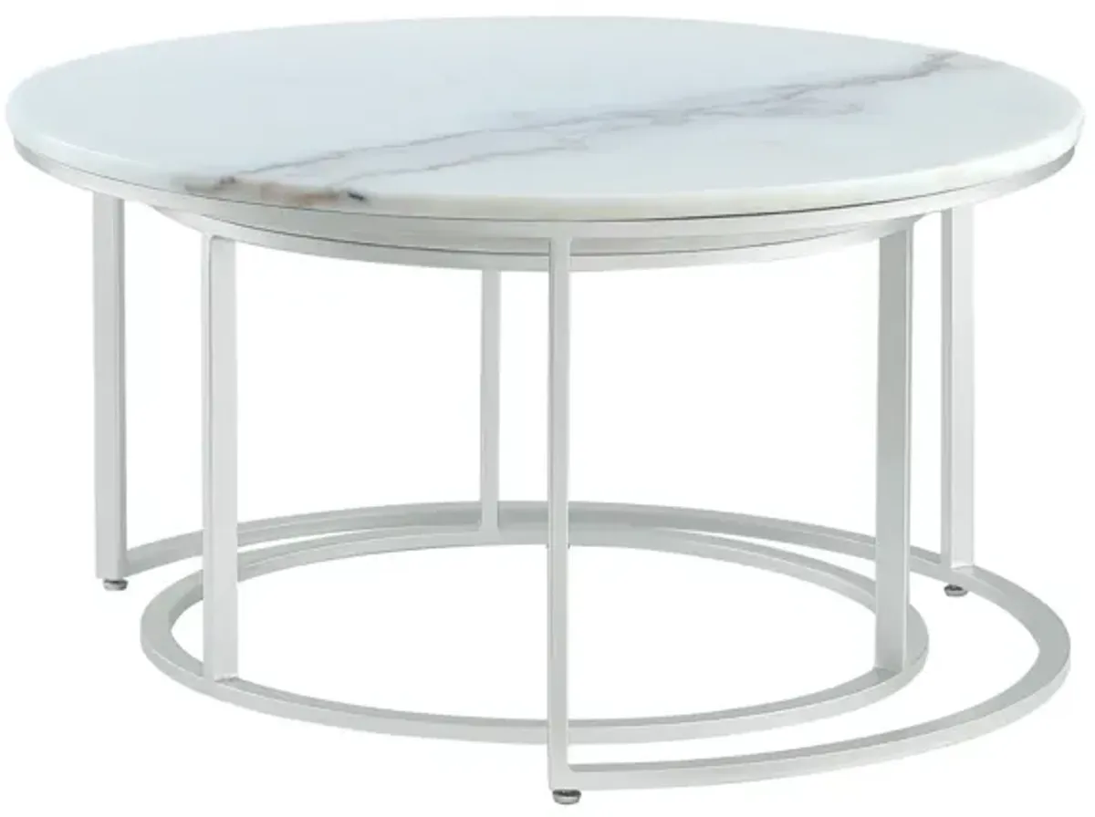 Genuine Marble And Iron Round Nested Coffee Tables (Set of 2) - White And Silver