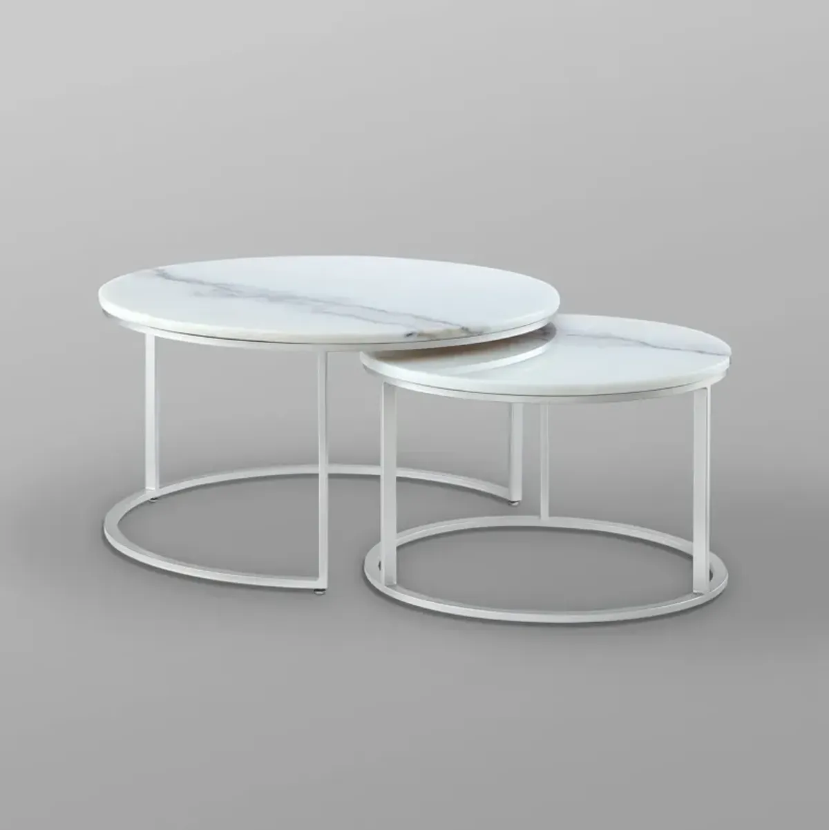 Genuine Marble And Iron Round Nested Coffee Tables (Set of 2) - White And Silver