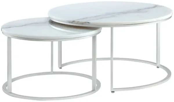 Genuine Marble And Iron Round Nested Coffee Tables (Set of 2) - White And Silver