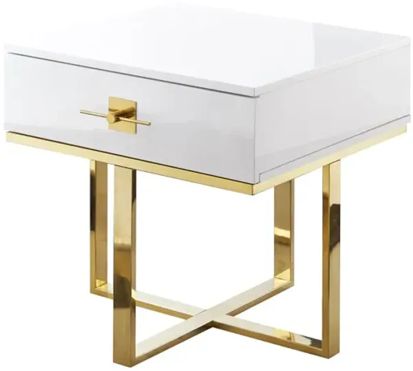 Square End Table With Drawer - Gold And White