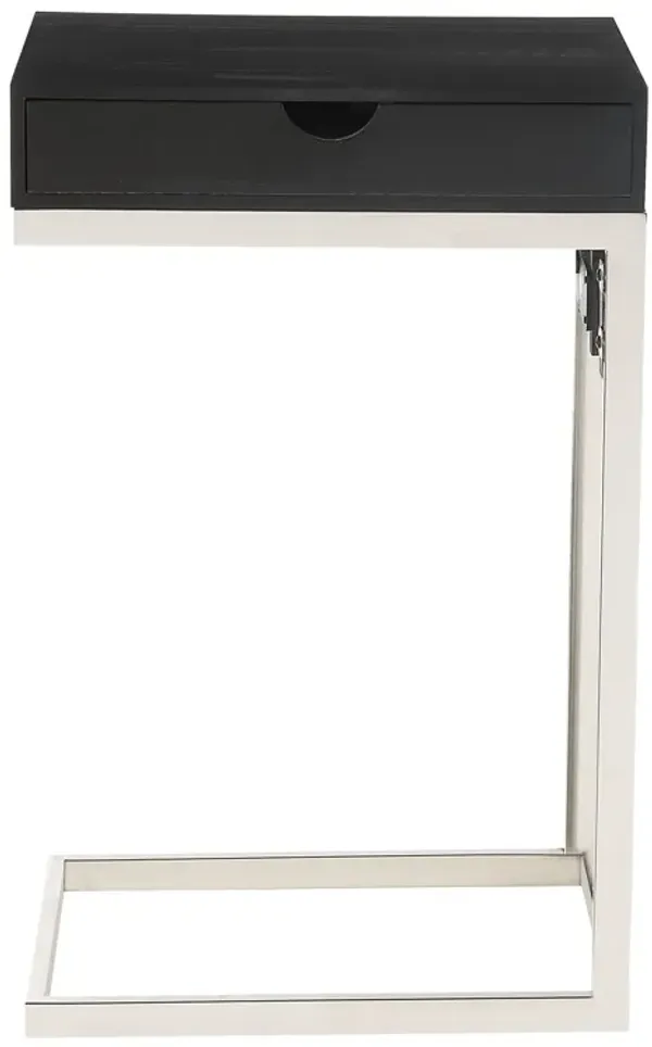 Metallic Veneer End Table With Drawer - Silver And Black