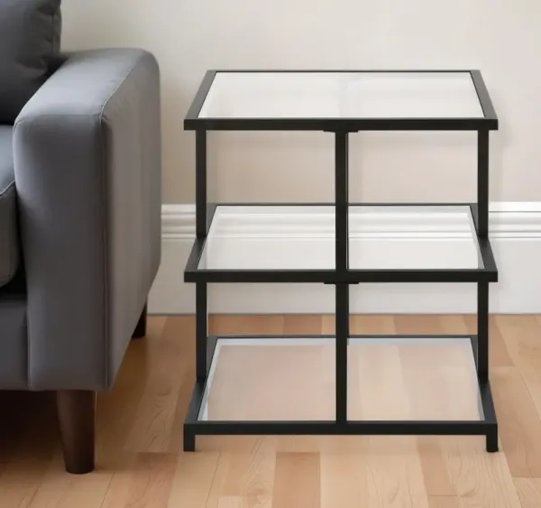 24" Glass And Steel Square End Table With Two Shelves - Black And Clear