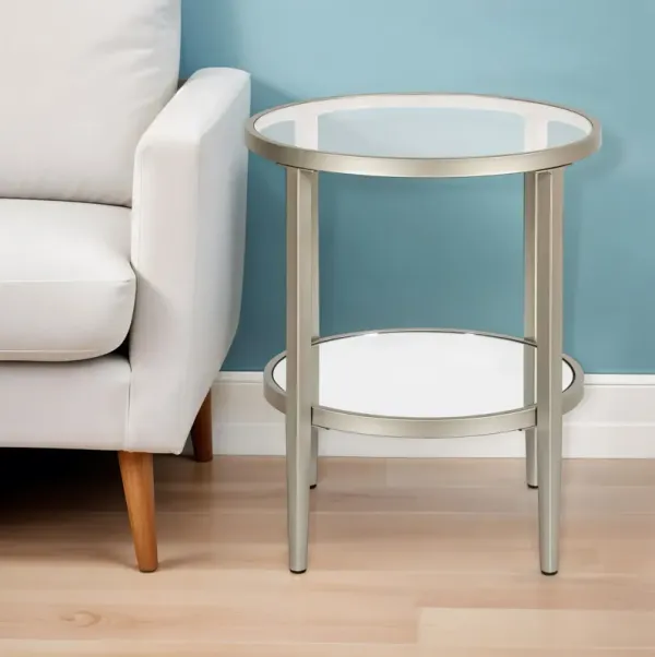 Glass And Steel Round Mirrored End Table With Shelf - Nickel And Clear