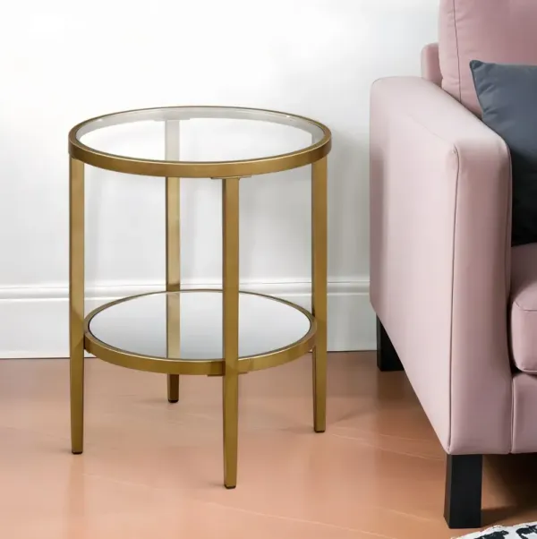 Glass And Steel Round Mirrored End Table With Shelf - Antiqued Brass And Clear