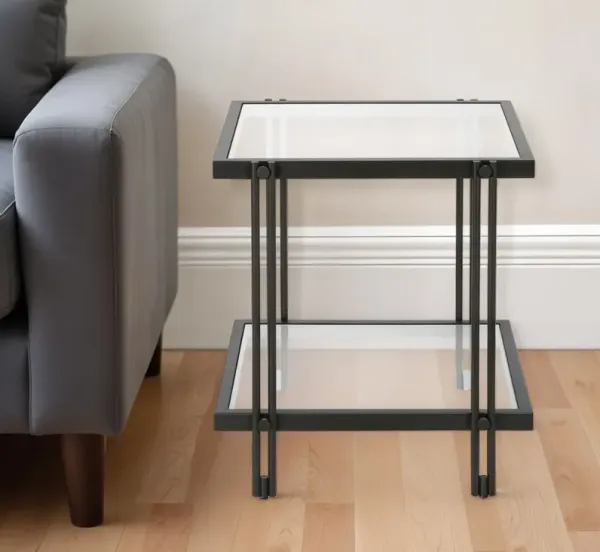 Glass And Steel Square End Table With Shelf - Black And Clear