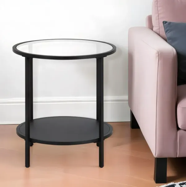 22" Glass And Steel Round End Table With Shelf - Black And Clear