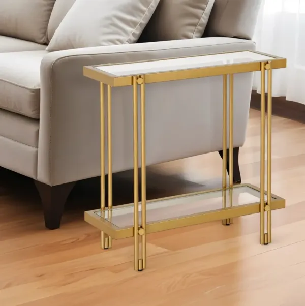 Glass And Steel End Table With Shelf - Brass And Clear