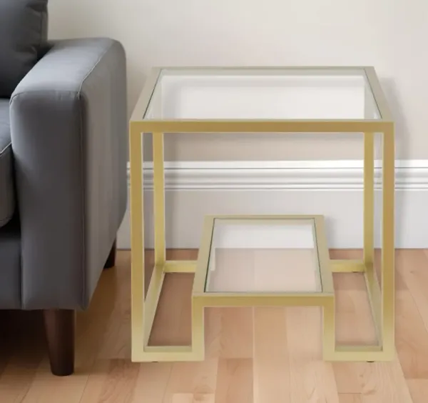 22" Glass And Steel Square End Table With Shelf - Brass And Clear