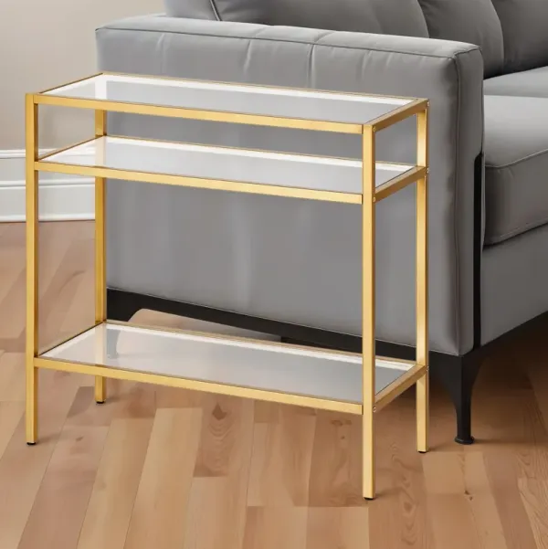 24" Glass And Steel End Table With Two Shelves - Brass And Clear