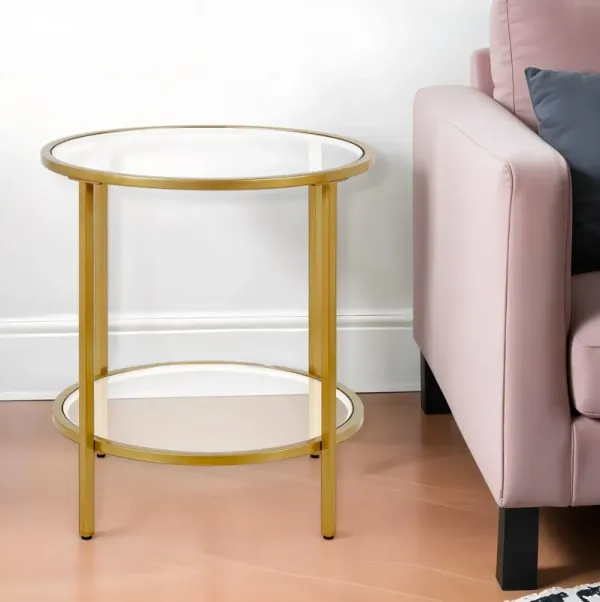 Glass And Steel Round End Table With Shelf - Brass And Clear
