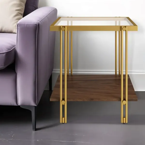 20" x 20" x 22" Glass And Steel Square End Table With Shelf - Brass And Clear