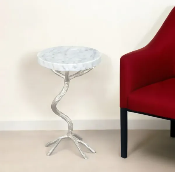 Marble Round End Table - Silver And White
