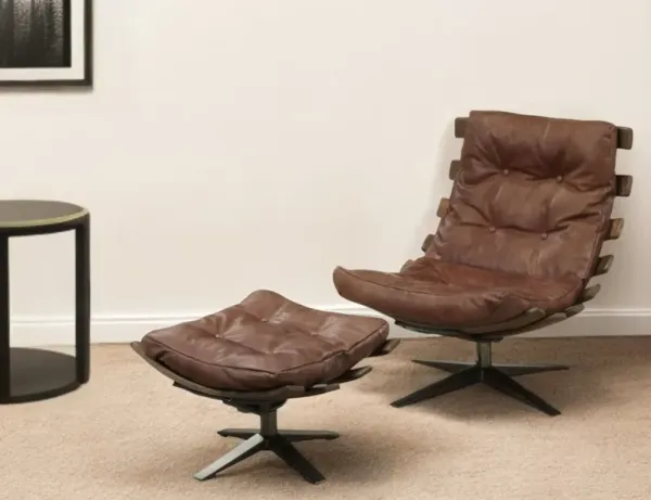 Top Grain Leather Tufted Swivel Lounge Chair With Ottoman - Brown And Black