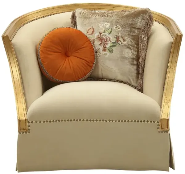Distressed Arm Chair And Toss Pillows - Tan And Gold