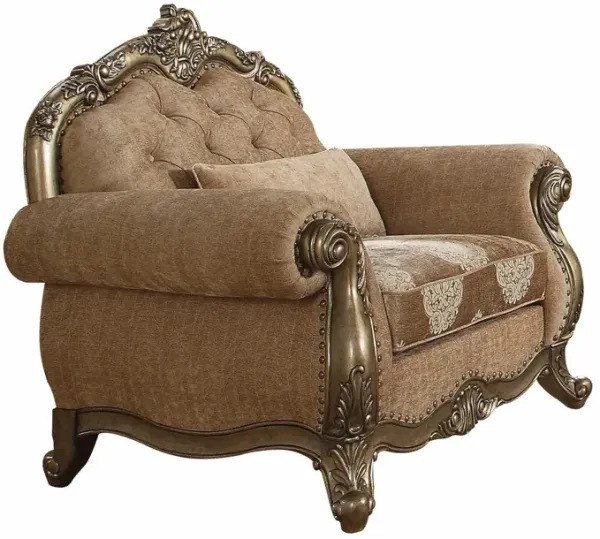 Linen Damask Tufted Arm Chair And Toss Pillow - Brown And Champagne
