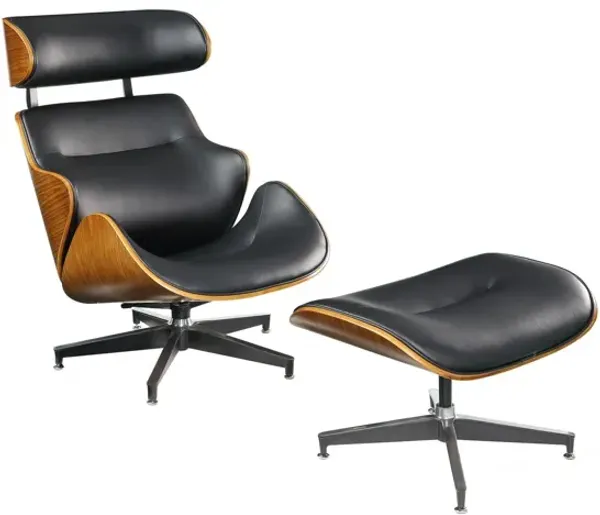 Bonded Leather Walnut Wood Upholstered (Seat) Aluminum Base Chair Ottoman - Black