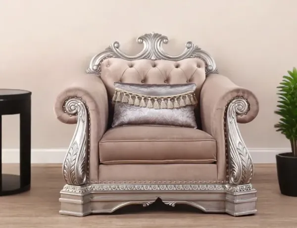 Velvet Tufted Arm Chair And Toss Pillow - Cherry Blossom Pink And Silver
