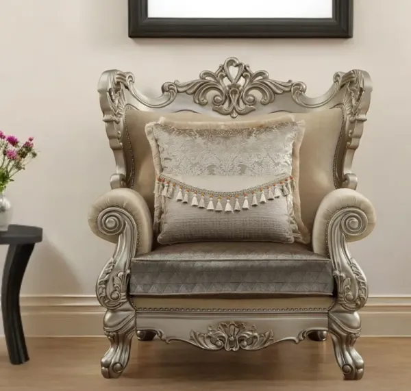 Fabric Geometric Arm Chair And Toss Pillow - Beige And Champagne