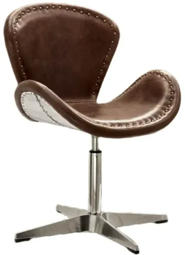 Faux Leather Distressed Swivel Arm Chair - Brown And Silver