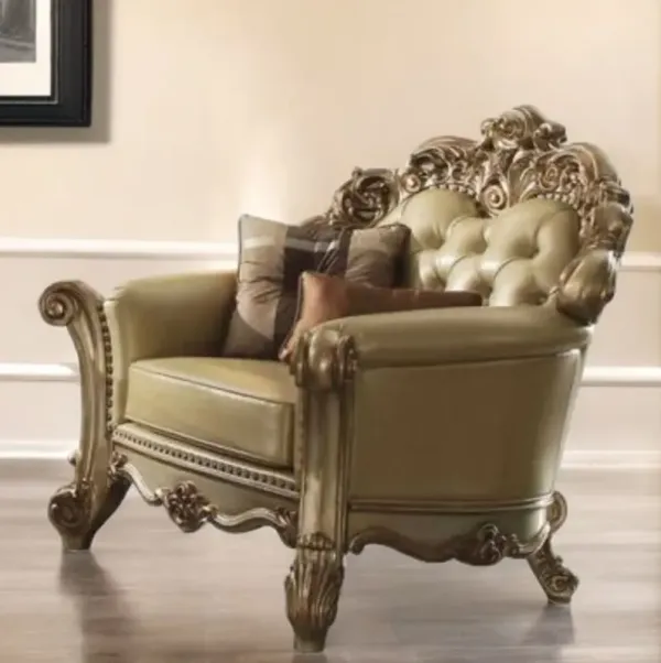Faux Leather Tufted Chair And A Half And Toss Pillows - Bone And Gold