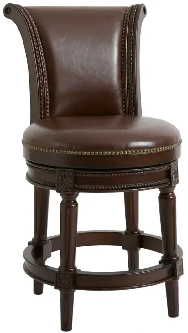 Faux Leather And Solid Wood Swivel Counter Height Bar Chair - Dark Brown
