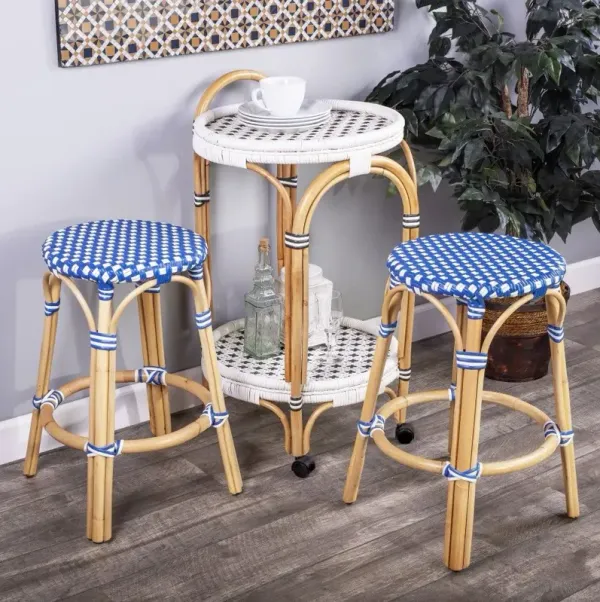 Heavy Duty Plastic And Rattan Backless Counter Height Bar Chair - Blue And Wood Brown
