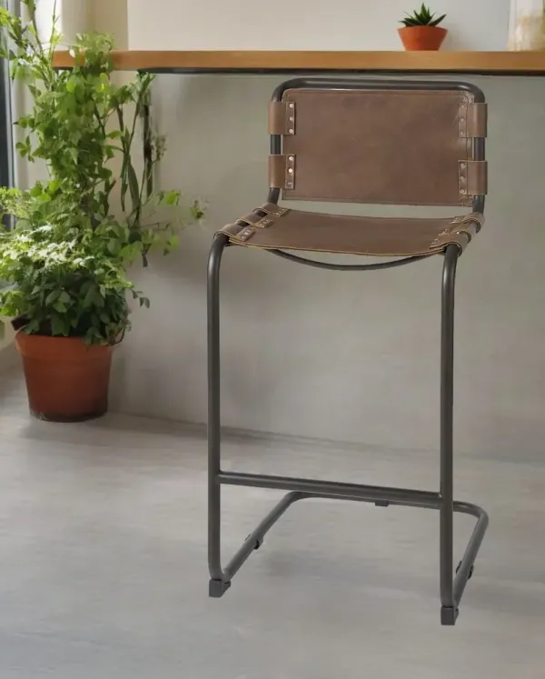 Leather And Steel Bar Chair - Brown