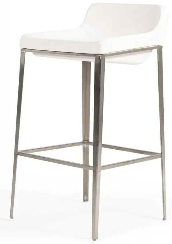 Faux Leather And Stainless Steel Low Back Bar Height Bar Chair - White And Silver