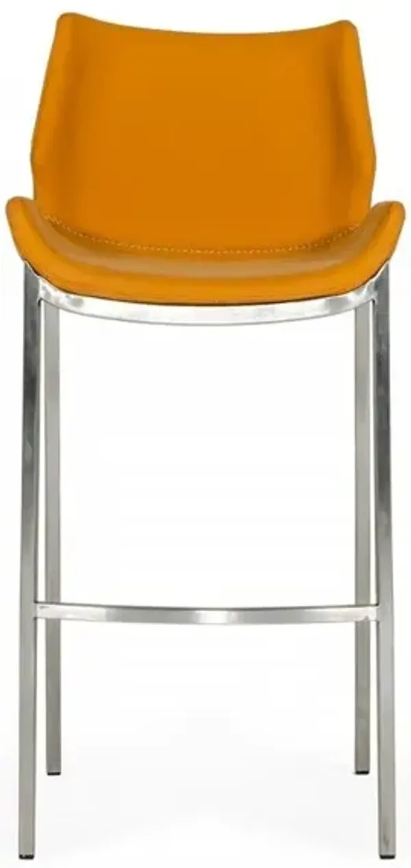 Faux Leather And Steel Low Back Bar Height Bar Chairs (Set of 2) - Orange And Silver