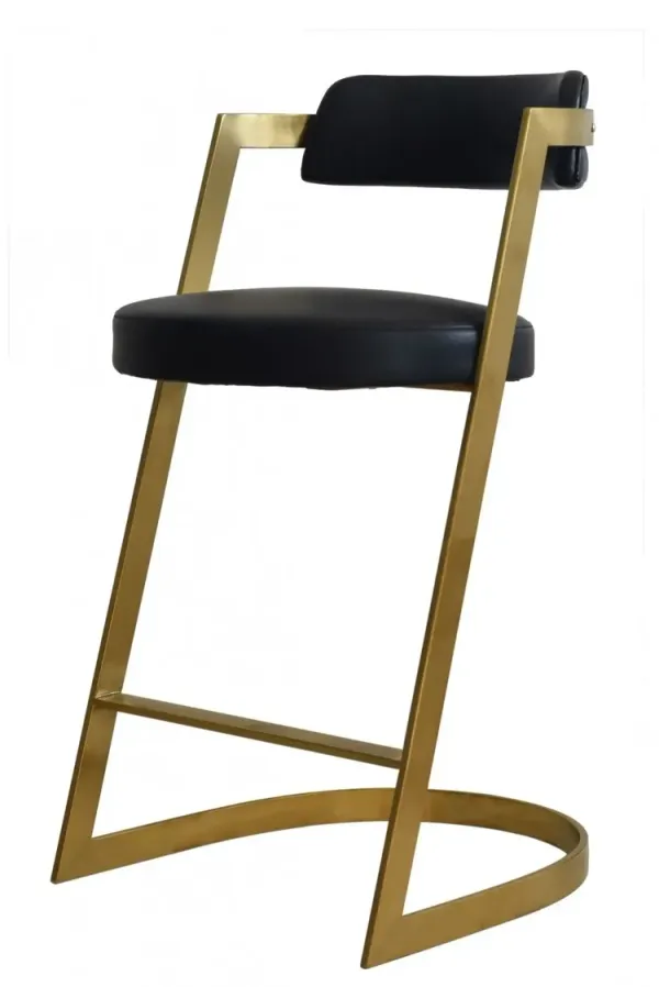 Faux Leather And Stainless Steel Low Back Counter Height Bar Chair - Black And Gold