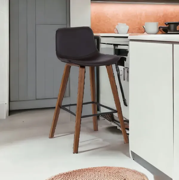 Faux Leather And Solid Wood Low Back Counter Height Bar Chair - Black / Brown