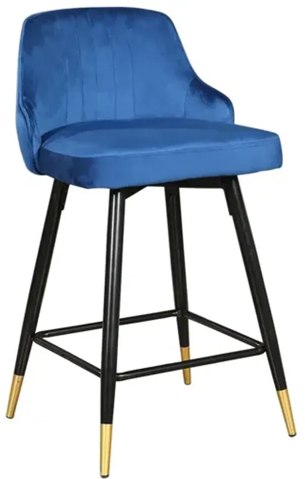 Velvet And Iron Swivel Low Back Counter Height Bar Chairs (Set of 2) - Blue And Black And Gold