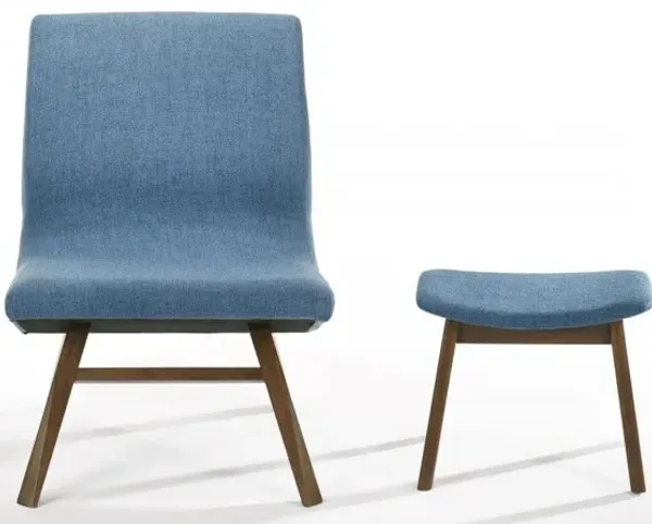 Solid Color Lounge Chair With Ottoman - Blue And Walnut