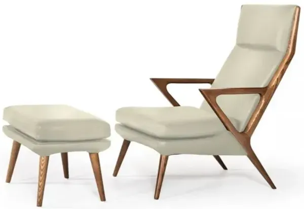 Faux Leather And Walnut Lounge Chair With Ottoman - Beige