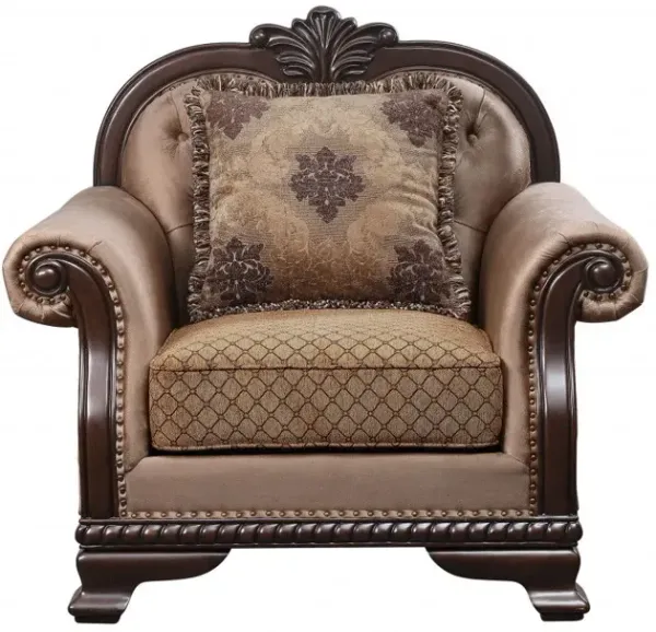 Fabric Tufted Arm Chair And Toss Pillow - Tan And Espresso