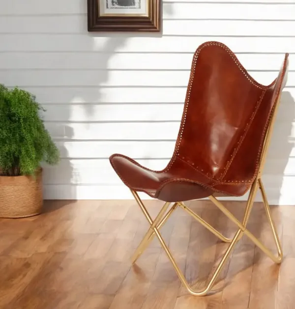 Genuine Leather Butterfly Chair - Brown And Gold