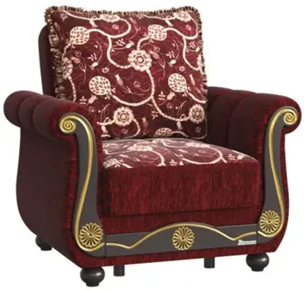 Fabric And Brown Floral Convertible Armchair - Burgundy