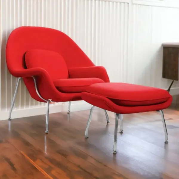 Wool Lounge Chair With Ottoman - Red And Silver