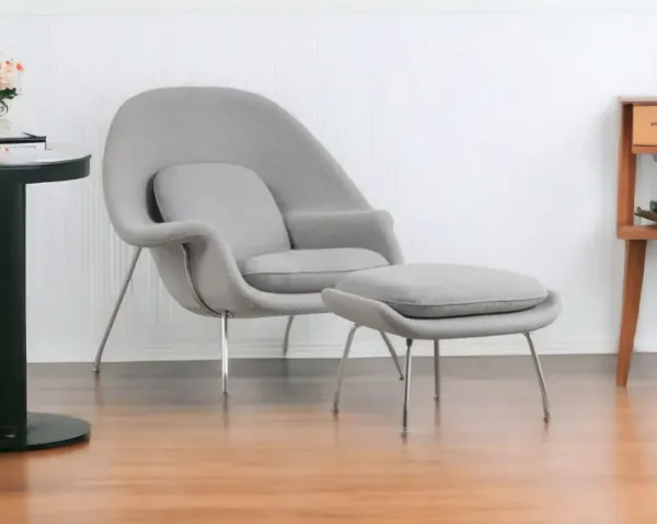 Wool Lounge Chair With Ottoman - Light Gray And Silver